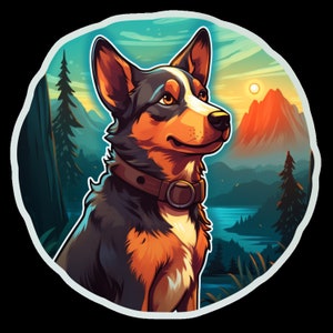 Waterdicht vinyl sticker blauwe heeler puppy Australische veedrijver wandelen in prachtige bergen, Lakeside at Sunrise v2