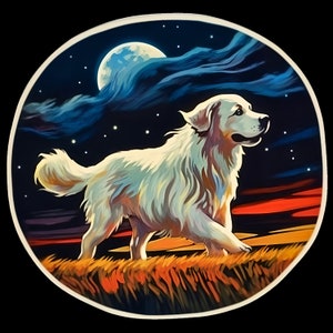 Waterdichte vinylsticker Grote Pyreneeënhond rent door een prachtig veld in het maanlicht