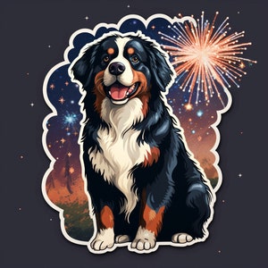 Waterdichte vinylsticker Berner Sennenhond kijkt naar vuurwerk op 4 juli in een prachtig veld Waterdicht