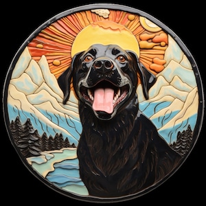 Waterdichte vinylsticker Black Lab labrador retriever hond wandelen in de prachtige bergen - keramisch 3D-kunstwerk