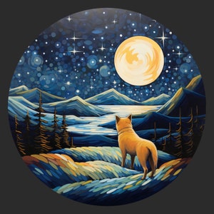 Waterdichte vinylsticker Akita-hond wandelen in de bergen onder de nachtelijke hemel en heldere maan, Happy Positive V3