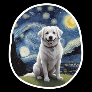 Sticker vinyle imperméable chien des Pyrénées dans la nuit étoilée - oeuvre d'art inspirée de Vincent Van Gogh - peinture à l'huile -