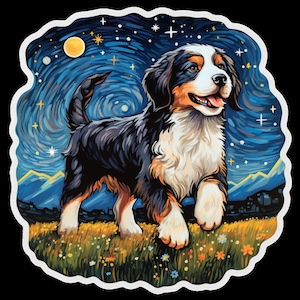 Waterdichte sticker Berner Sennenhond rent door een prachtig veld onder de sterrenhemel Waterdicht