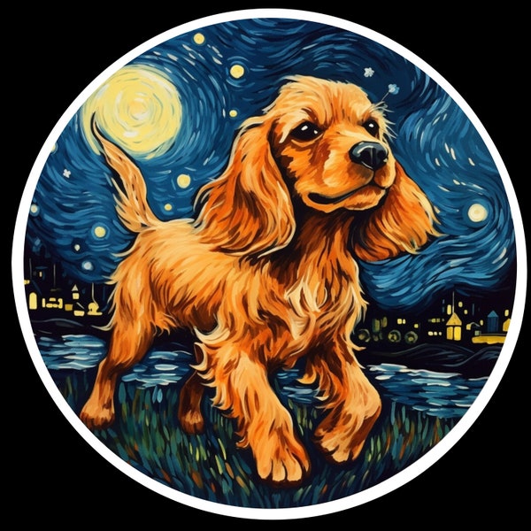 Cocker Spaniel Running through Beautiful Field under the Starry Night Sky - Vincent Van Gogh Inspired - Vinyl Sticker