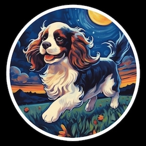 Wasserfester Vinyl-Aufkleber Cavalier King Charles Spaniel Hund, der durch schönes Feld bei Sonnenuntergang läuft Wasserdicht