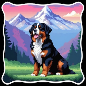 Vinylsticker Berner sennenhond pixelart lage resolutie staand in prachtige bergachtige omgeving - retro lage resolutie lage resolutie waterdicht