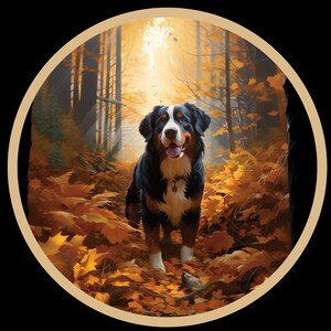 Adesivo in vinile impermeabile Cane da montagna bernese nella splendida foresta autunnale v2 impermeabile