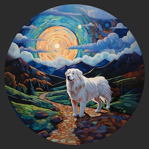 Sticker imperméable chien des Pyrénées cabré sur un chemin pavé sous la pleine lune et un ciel nocturne brillant, heureux positif