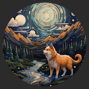 Akita-hond aan het wandelen in de bergen onder de nachtelijke hemel en heldere maan, Happy Positive