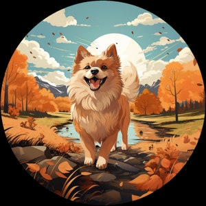 Waterproof Vinyl Sticker Pomsky Dog Hiking in Beautiful Autumn Mountain Sunrise Setting - Low Resolution Artwork