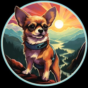 Wasserdichter Aufkleber Chihuahua Hund beim Wandern in wunderschönen Bergen bei Sonnenaufgang v2