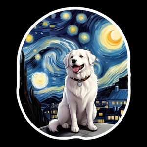 Sticker vinyle imperméable Chien des Pyrénées dans la nuit étoilée - Oeuvre d'art inspirée de Vincent Van Gogh - Peinture à l'huile - Version 3
