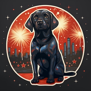 Waterdichte vinylsticker Black Lab labrador retriever-puppy kijkt naar vuurwerk van Beautiful Field op 4 juli
