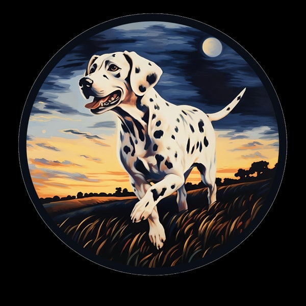 Vinyl Sticker    Dalmatian Dog Running Through Beautiful Mountain Field at Dusk Version 2  Waterproof
