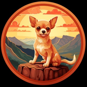 Wasserdichter Aufkleber Chihuahua Hund beim Wandern in wunderschönen Bergen bei Sonnenaufgang v2