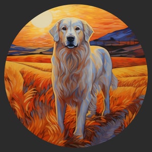 Wasserdichter Vinyl-Aufkleber Pyrenäen-Hund, der in den Bergen unter einem wunderschönen Sonnenaufgang tänzelt, inspirierender glücklicher positiver Stil v3