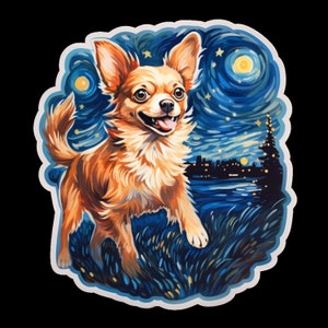 Vinyl Sticker Decal    Chihuahua Dog Running through Beautiful Field under the Starry Night Sky v2 - Van Gogh Inspired