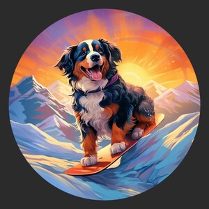 Waterdichte sticker Berner Sennenhond rijdt snowboard op besneeuwde bergpad, prachtige winterhondkunst waterdicht