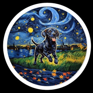 Waterdichte sticker Black Lab-puppy rent door een prachtig veld onder de sterrenhemel - Op Vincent van Gogh geïnspireerde labrador