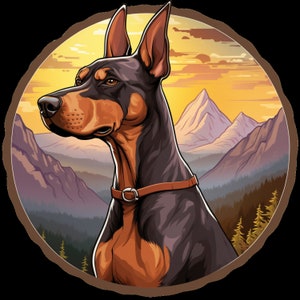 Waterproof Sticker Doberman Pinscher Dog Hiking Through Beautiful Mountains at Dawn  Waterproof