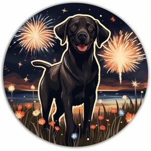 Waterdichte vinylsticker Black Lab Labrador Retriever kijkt 4 juli naar vuurwerk van Beautiful Field Waterproof