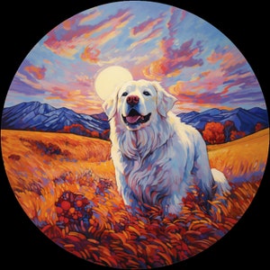 Sticker vinyle imperméable chien des Pyrénées faisant de la randonnée dans un champ de montagne au lever du soleil d'automne/d'automne Version 3 -