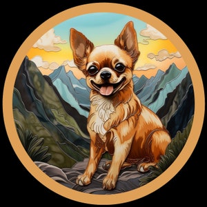 Wasserdichter Vinyl-Aufkleber Chihuahua Hund Backpacking in Wunderschönen Bergen - Buntglas-Kunstwerk
