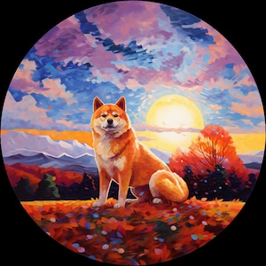 Waterdichte vinylsticker Akita Inu-hond gaat wandelen in de herfst tijdens een herfstzonsopgang Versie 2 - ,