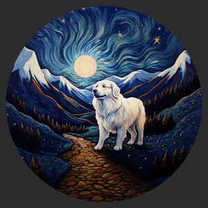 Sticker vinyle imperméable chien des Pyrénées cabré dans les montagnes sous la pleine lune dans le ciel nocturne, style positif heureux V3