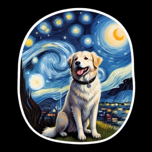 Sticker vinyle imperméable chien des Pyrénées dans la nuit étoilée - oeuvre d'art inspirée de Vincent Van Gogh - peinture à l'huile - - oreilles brunes