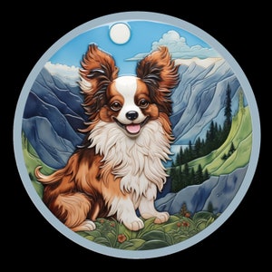 Papillon Dog Hiking in the Beautiful Mountains - Ceramic 3d Artwork  Waterproof - Vinyl Sticker