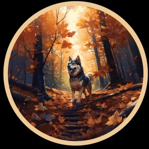Waterdichte vinylsticker Akita Dog in Beautiful Fall Forest Waterdicht