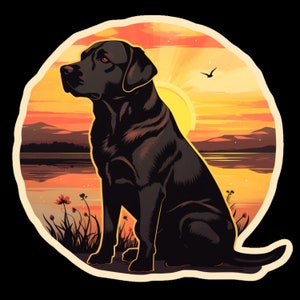 Waterdichte vinylsticker Black Lab Labrador Retriever Dog at the Lake, prachtige zonsondergang op de achtergrond