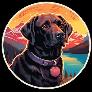 Waterdichte vinylsticker Black Lab Labrador Retriever-hond wandelen in de prachtige bergen