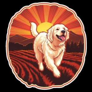 Waterdichte vinylsticker Grote Pyreneeënhond rent door een prachtig veld bij zonsopgang, zonsondergang - rode achtergrond - versie 2