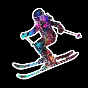 Waterdichte vinylsticker vrouwelijke skiër kleurrijke regenboogvibes skiën witte poedersneeuw Skimeisje vrouw - mooie kleur
