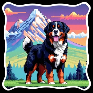 Vinylsticker Berner sennenhond pixelart met lage resolutie staand in prachtige bergachtige omgeving Retro lage resolutie lage resolutie waterdicht 4