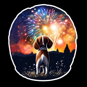 Waterproof Sticker Beagle Puppy Dog watching Fireworks in Beautiful Field