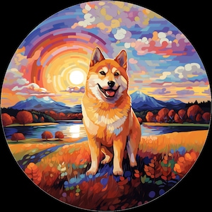 Waterdichte vinylsticker Akita Inu-hond gaat wandelen in de herfst tijdens een herfstzonsopgang - ,
