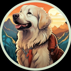 Waterdichte vinylsticker hond uit de Pyreneeën wandelt door prachtige bergen bij zonsopgang
