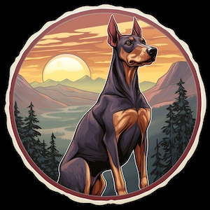 Waterproof Vinyl Sticker Doberman Pinscher Dog Hiking Through Beautiful Mountains at Dawn v2  Waterproof