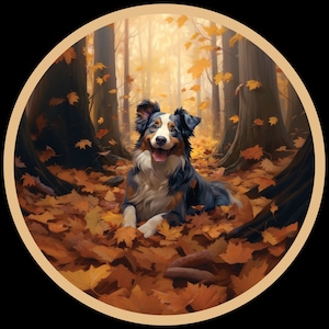 Adesivo in vinile impermeabile Australian Shepherd Dog in Beautiful Fall Forest Impermeabile