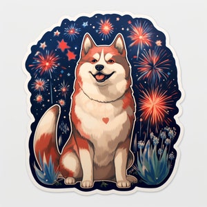 Waterdichte vinylsticker Akita Dog Watching 4 July Fireworks from Beautiful Field v2