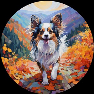 Papillon Dog Hiking in Colorful Mountain Sunrise Setting - Large Brushstroke Trippy  Style - Vinyl Sticker