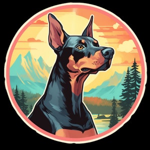 Waterproof Sticker Doberman Pinscher Dog Hiking Through Beautiful Mountains v2  Waterproof