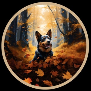 Adesivo in vinile impermeabile Blue Heeler Australian Cattle Dog in Beautiful Fall Forest v2 impermeabile