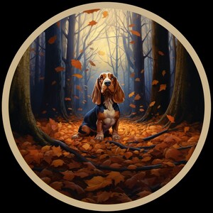 Adesivo in vinile impermeabile Bassett Hound in Beautiful Fall Forest Impermeabile