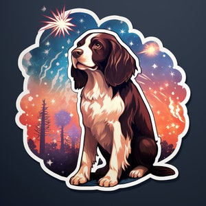 English Springer Spaniel Watching 4th of July Fireworks in Beautiful Field v2 - Vinyl Sticker