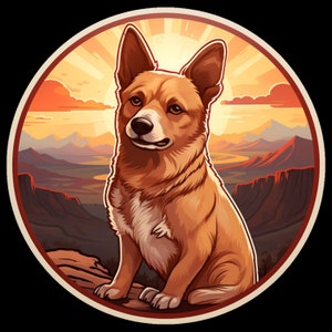 Waterdichte vinylsticker Red Heeler Australian Cattle Dog wandelt over de prachtige berg bij zonsopgang