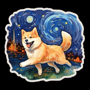 Waterdichte vinylsticker Akita-hond rent door een prachtig veld onder de sterrenhemel - Geïnspireerd door Van Gogh
